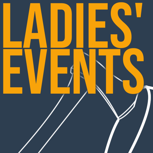 A blue background with a white minimalist outline of a hatchet thrown into a target, with the words "Ladies' events"