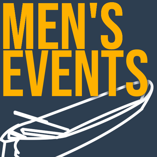 Blue background with the white minimalist outline of a canoe, with the words "Men's Events"
