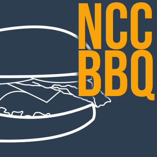 Blue background with a white minimalist drawing of a cheeseburger and yellow text that reads, "NCC BBQ"